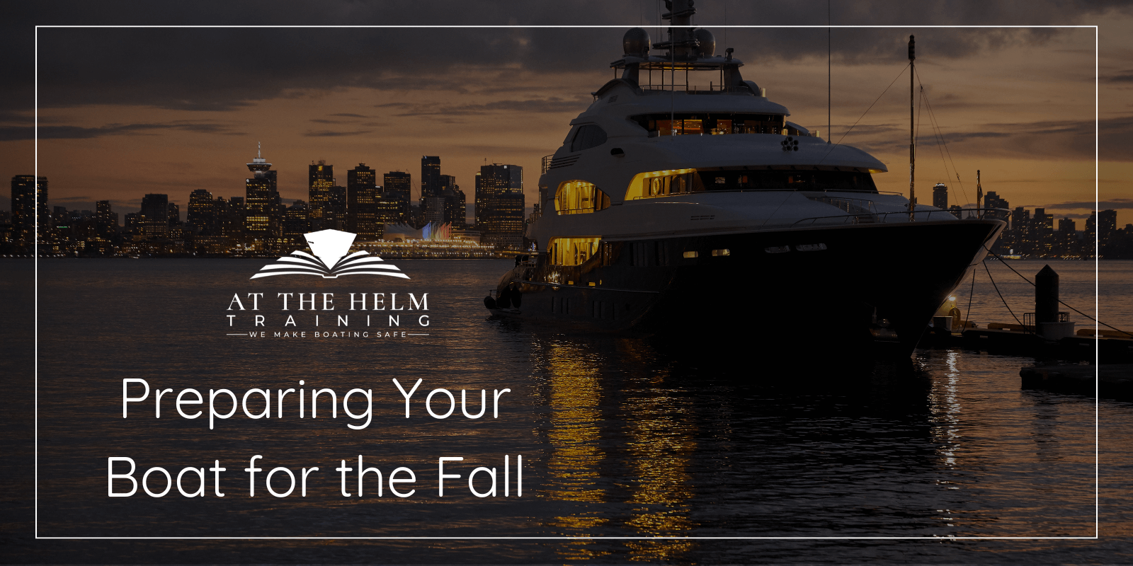 A large yacht in the fall waters of Florida, with the sunsetting in the background over the city skyline.